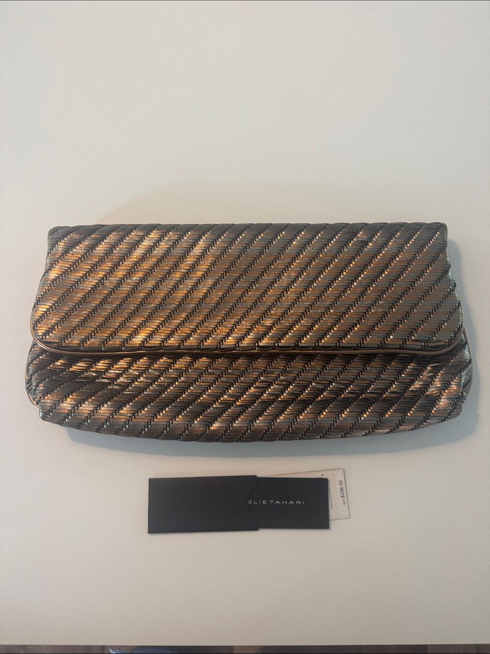 Elie Tahari Metallic Bronze and Black Woven Fold-Over Clutch